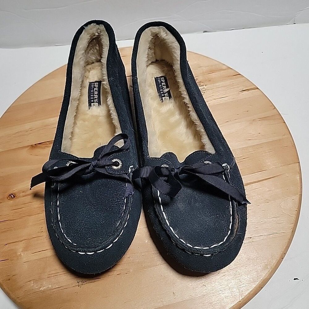 Sperry Molly Black Suede Faux-Fur Lined Moc Boat Shoes Size 11M